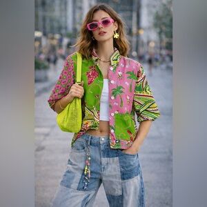 Vanity Womens Y2K Monkey Artsy Beaded Pink Tropical Jacket Petite Small EUC!